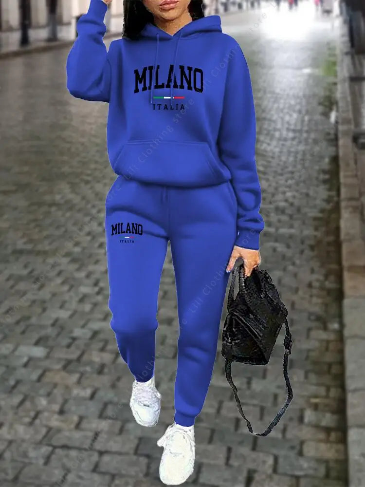 MILANO Pants Sets for Women Clothing High quality Sweatshirt Sweatpant Hoodie Suit 2 Piece Autumn Winter Outfits Woman Tracksuit