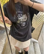 2026 Summer 100% Cotton Sanrio Hello Kitty Printed Casual Loose T-shirt Parent-child Vintage Harajuku Top 52TOYS Collaboration.