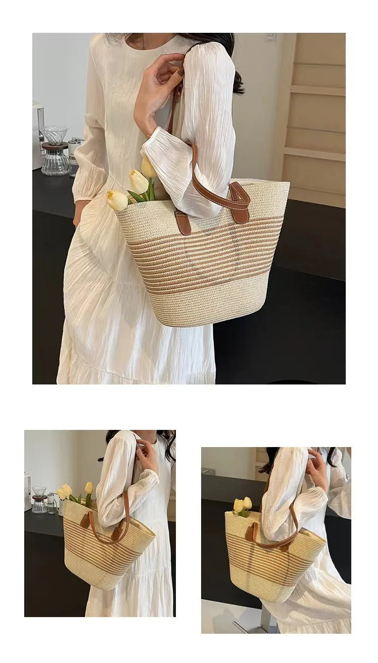 Women's Straw Woven Tote Bag With Hand New Beach Seaside Outdoor Travel Vacation Large Capacity Shoulder Bag Basket Handbag