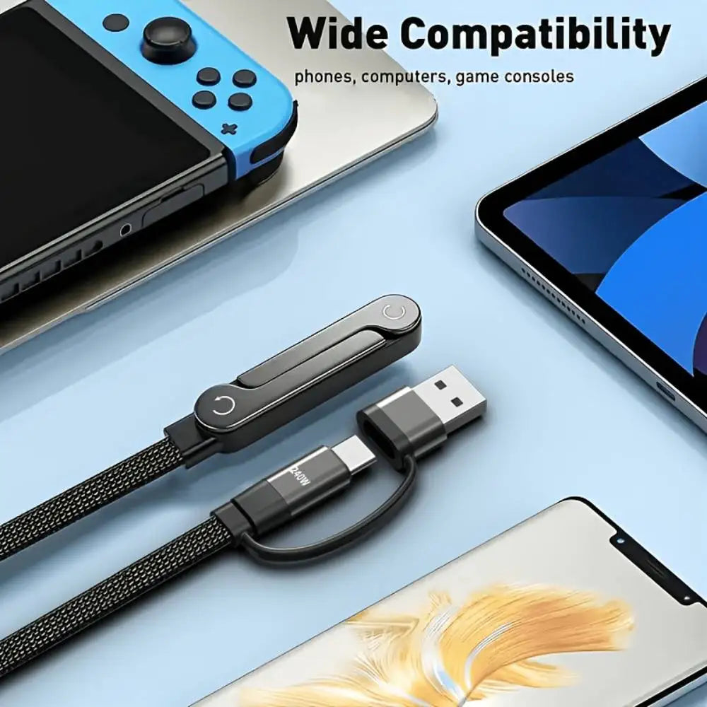 240W Quick Charge Collapsible Phone Stand 3-In-1 Data Cable With Type-C/Usb-A Connectors for iPhone 14-17 And Other Cellphone