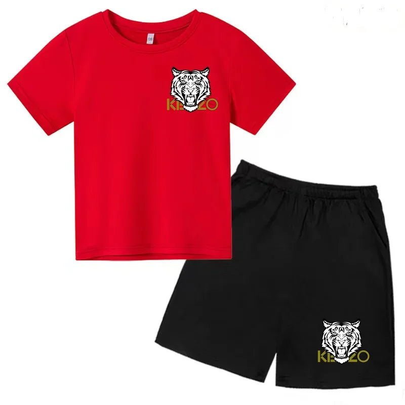Kids T-shirt Boys Girls Toddlers 3-12Y Fashion Cute Tiger Print Brand Clothing Short Sleeve+Shorts 2P Outdoor Leisure Sports Set