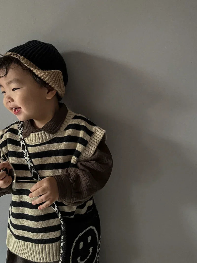 Autumn Baby Boys Striped Sweater Vest Children Cotton Cashmere Pullovers Waistcoat Kids Clothes Toddler Girls Sleeveless Sweater