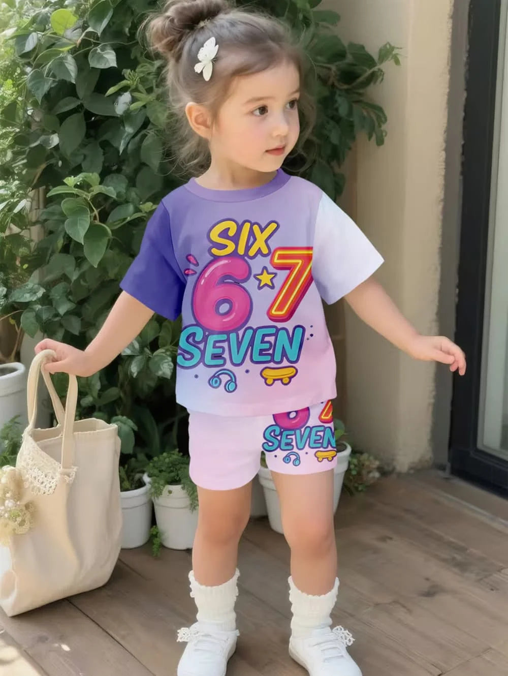 Summer Italian Brainrot 67 Six Seven Cartoon Print Sports Children's Set Short Sleeved Shorts 2PCS Set Girls Casual T-Shirt Set