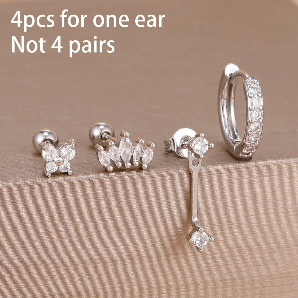 4pcs Korean Stainless Steel Zircon Water Drop Piercing Earrings Set for Women Simple Huggie Square Earring Fashion Jewelry
