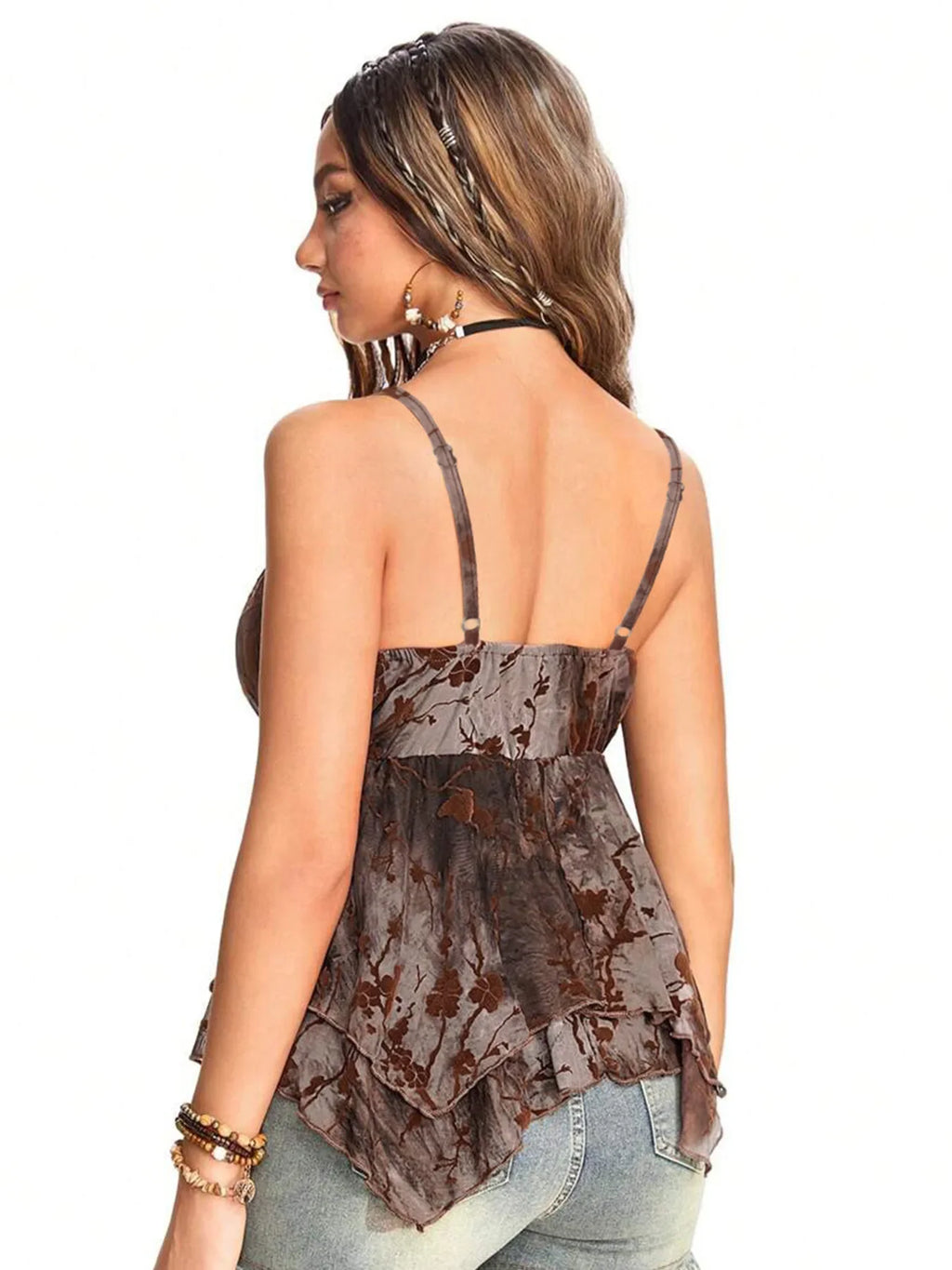 Retro Sexy Printed Vest Top with Irregular Scarf V-Neck Lace Edge for Spicy Girl Fashionable Vintage-Style Women's Top