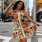2026Women's Summer Floral Print Shirt Dress Puff Sleeve Ruffle Hem A-Line Mini Dress
