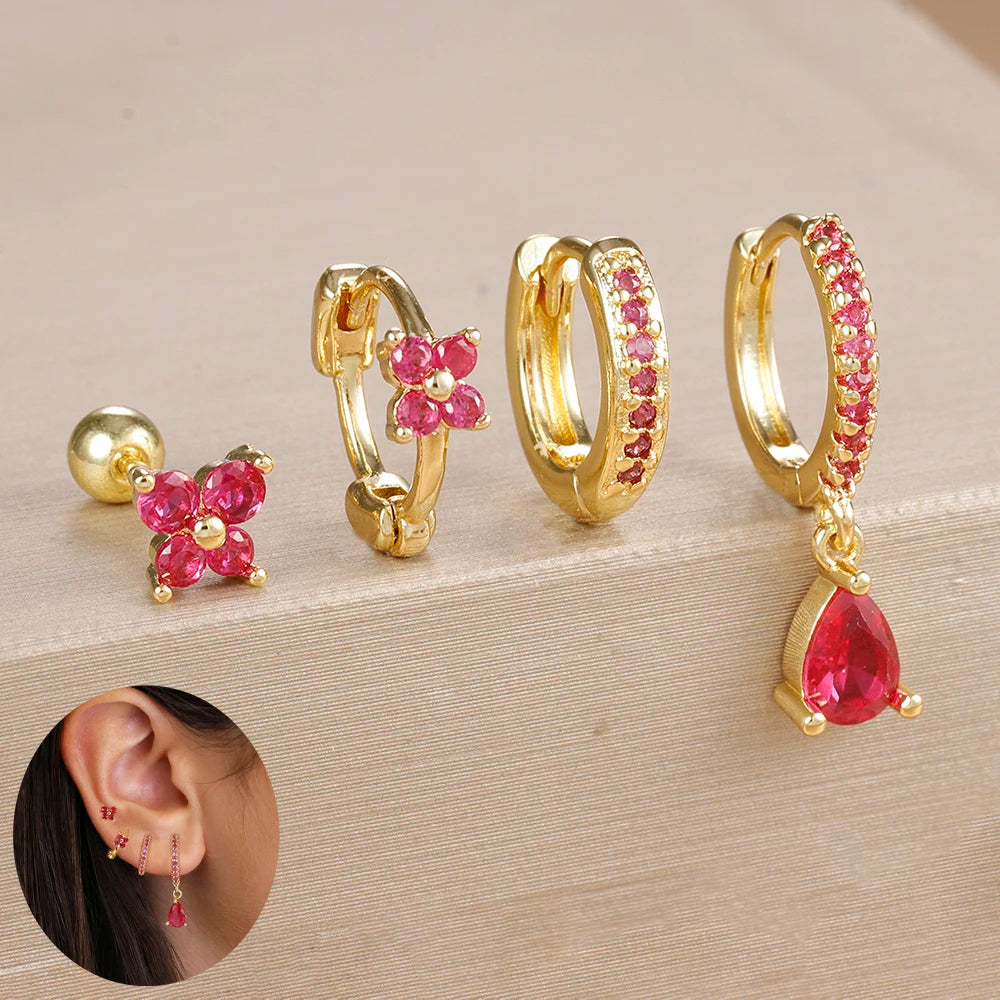 4pcs Korean Stainless Steel Zircon Water Drop Piercing Earrings Set for Women Simple Huggie Square Earring Fashion Jewelry