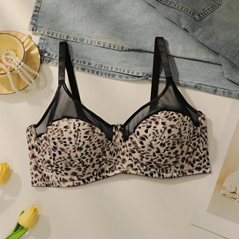 Leopard Print Plus Size Bra Sexy Mesh Push Up Lift Adjustable Bras Comfortable Anti Sagging Women Underwear