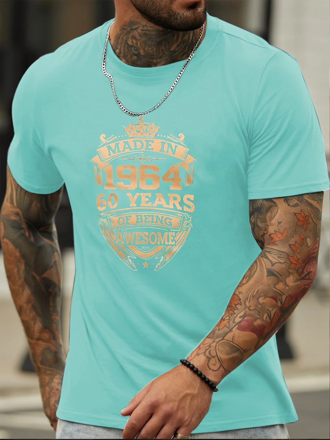 Men's summer 100% pure cotton fashionable sports casual loose fit made in 1964 print round neck short sleeved T-shirt top