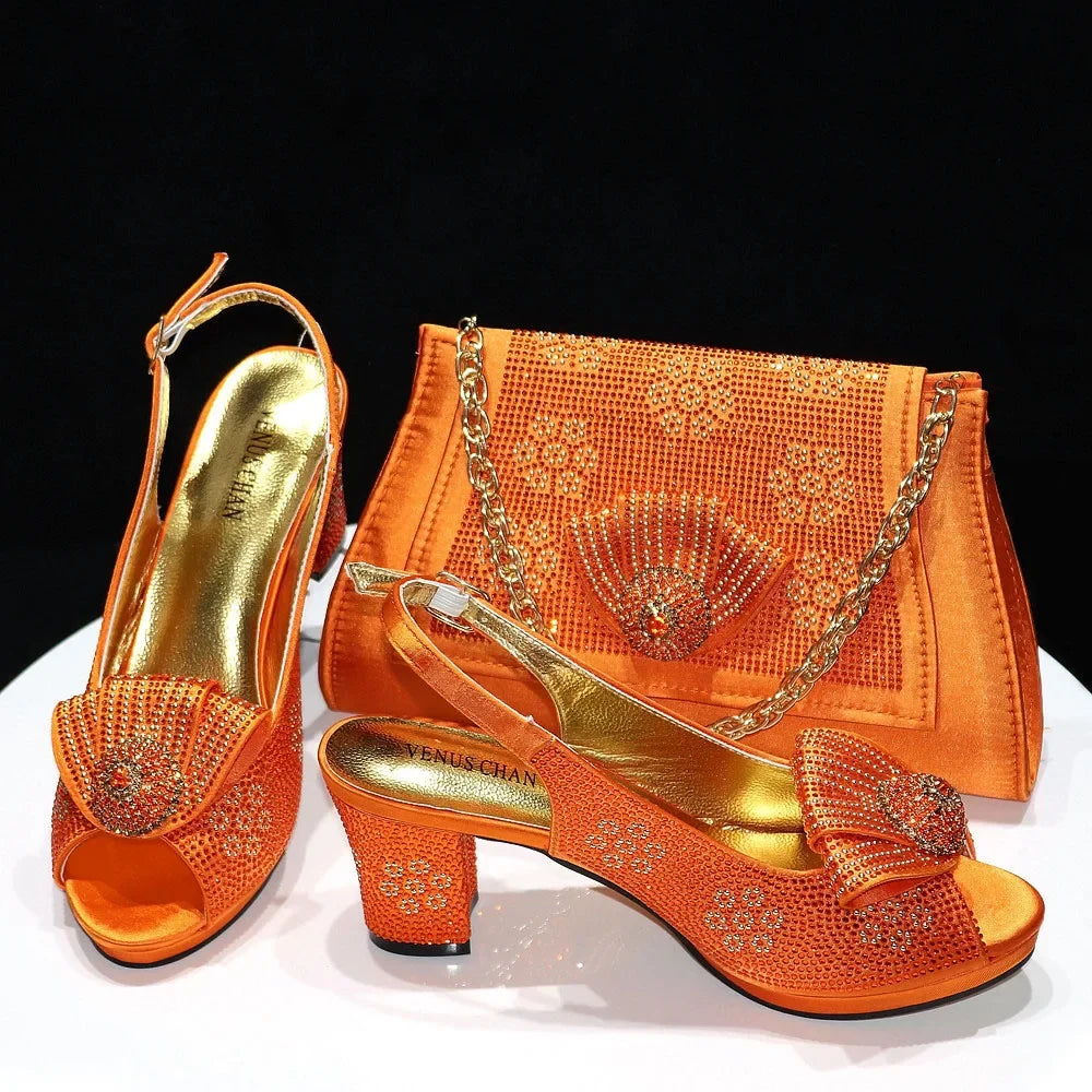 Venus Chan 2024 Italian Design Girly Style Golden Color Wedding Shoes And Bag Full Diamond Decoration Metal Closure Bags