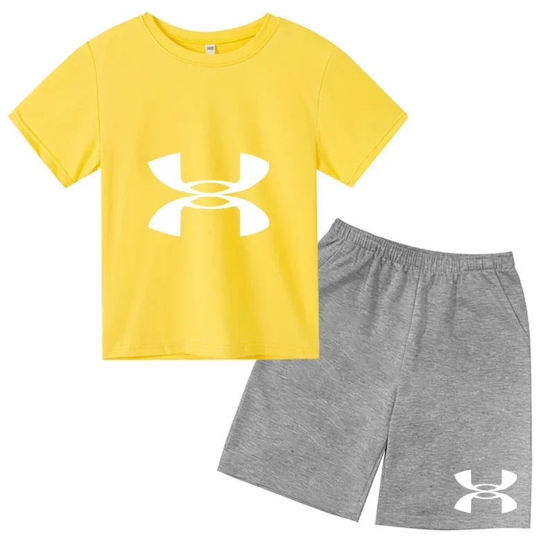 enfants en 2 piècesT-shirt et short de sport à manches courtes pour enfants avec logo imprimé - Ensemble de vêtements de sport
