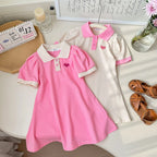 2026 Summer Stylish Girls' Polo Shirt Dresses 1-7Y Trendy Embroidered Heart Lapel Dress for Kid's Children's Clothing Outfit