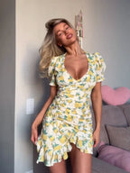 Chic Ruffle Print Slim Short Dress Women Chic Patchwork Flared sleeves V-neck Pleated Dresses 2026 Lady Summer Casual Vestidos
