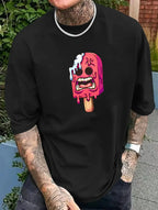 Men's summer 100% pure cotton fashionable casual sports loose ice cream pattern print round neck short sleeved T-shirt top
