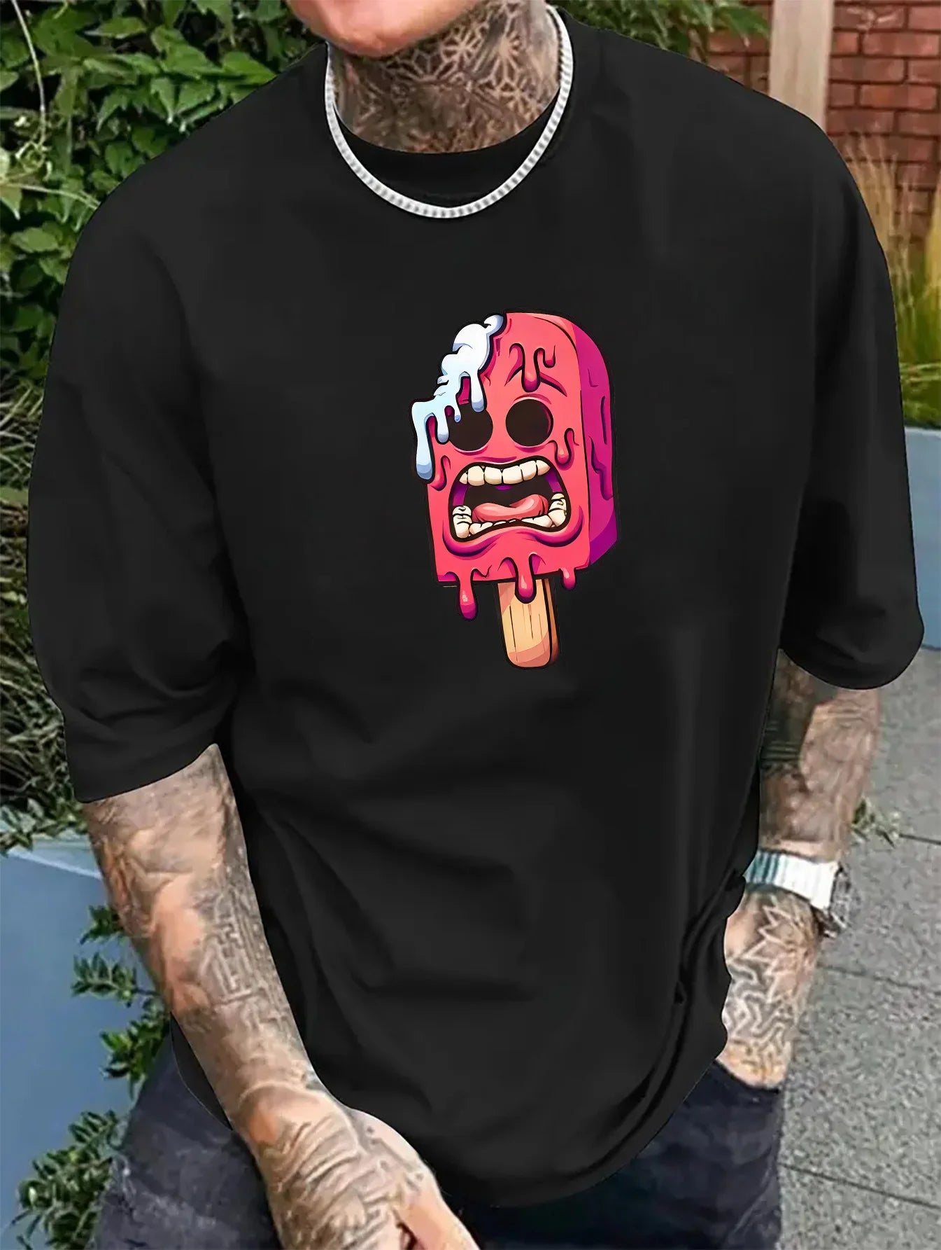 Men's summer 100% pure cotton fashionable casual sports loose ice cream pattern print round neck short sleeved T-shirt top