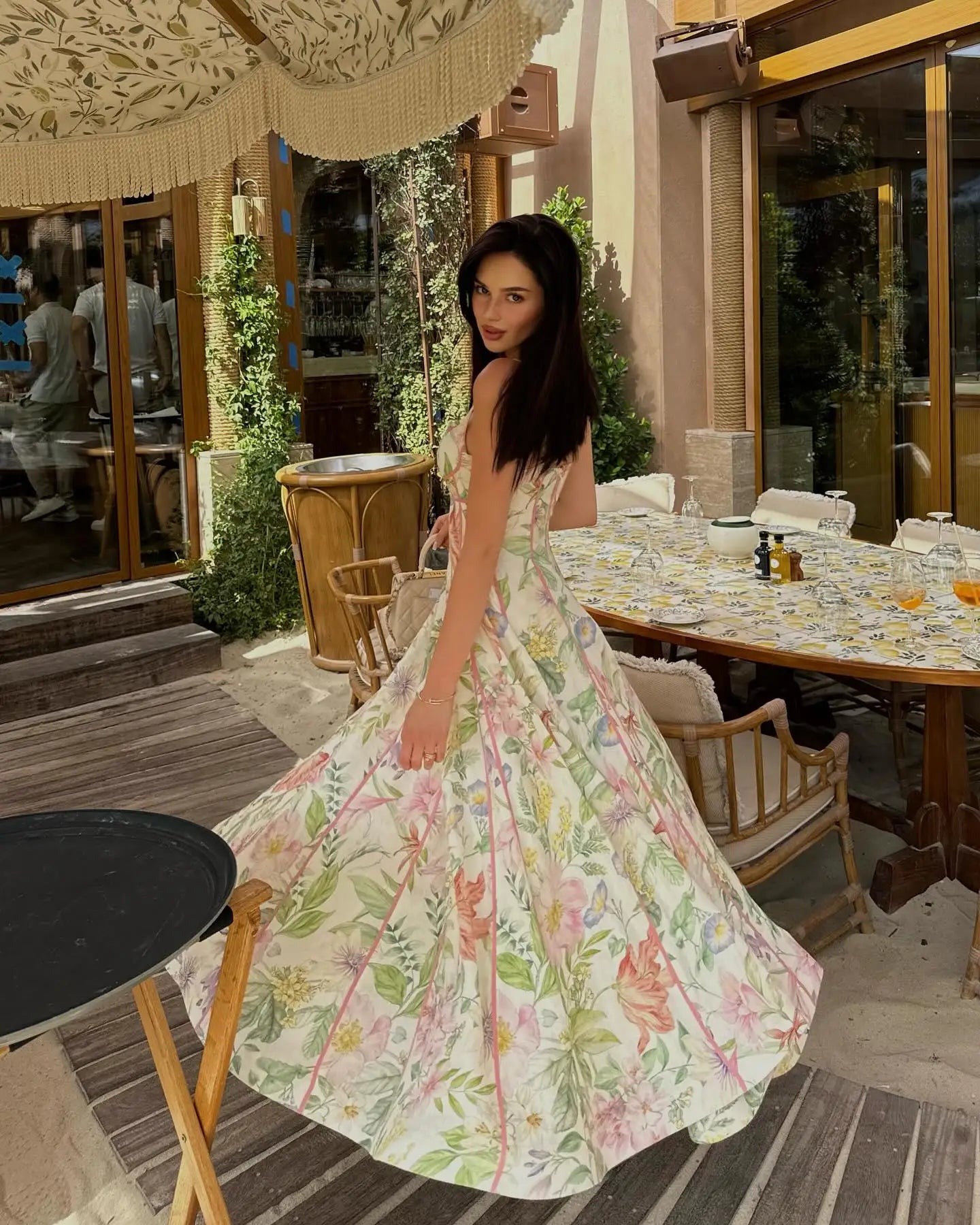 Floral Printed Chiffon V-neck Maxi Dress Ruffle Trim Puff Short Sleeve Waist Belted Slit Robe 2026 Lady Elegant Party Vestidos