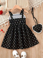 2026 Girls' Summer Fashion Dress, Casual Heart Pattern, Breathable Sleeveless Square Neck, Loose and Comfortable