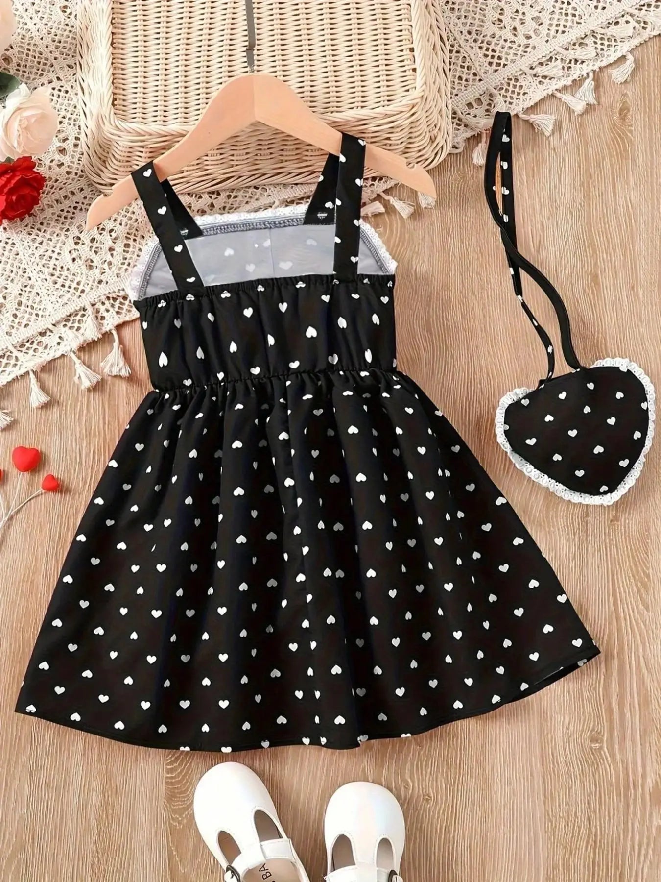 2026 Girls' Summer Fashion Dress, Casual Heart Pattern, Breathable Sleeveless Square Neck, Loose and Comfortable