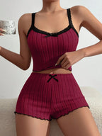 Summer New Womens Ribbed Knit Pajama Set Lace Trim Bow Cami Crop Top Lettuce Hem Shorts Loungewear Sleepwear Cute Soft 2 Piece