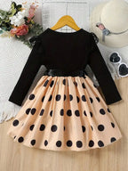 2026 casual new girls' polka dot pattern lace border collar spliced princess style belt dress, girls' spring and summer clothing