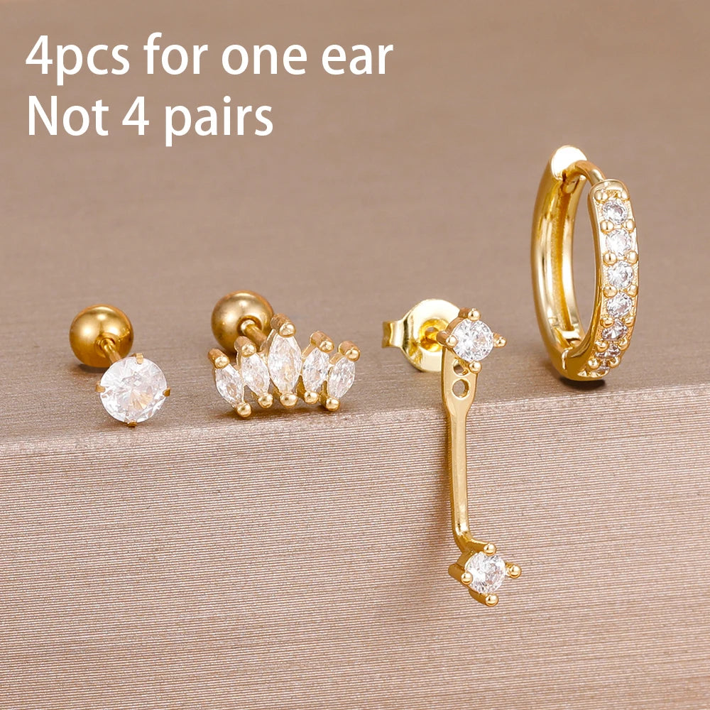 4pcs Korean Stainless Steel Zircon Water Drop Piercing Earrings Set for Women Simple Huggie Square Earring Fashion Jewelry