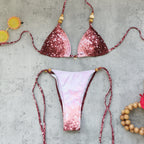 2026 Women's Two-Piece Swimsuit Pink Marble Pattern with Beaded Straps Perfect for Beach Wear and Pool Parties Summer Getaways