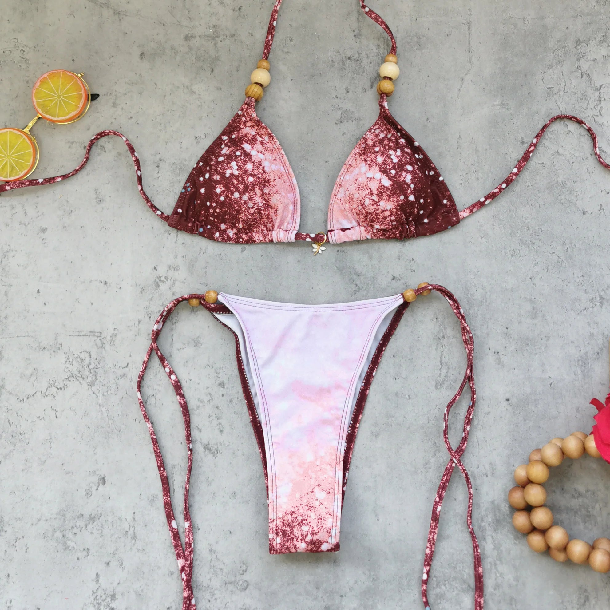 2026 Women's Two-Piece Swimsuit Pink Marble Pattern with Beaded Straps Perfect for Beach Wear and Pool Parties Summer Getaways