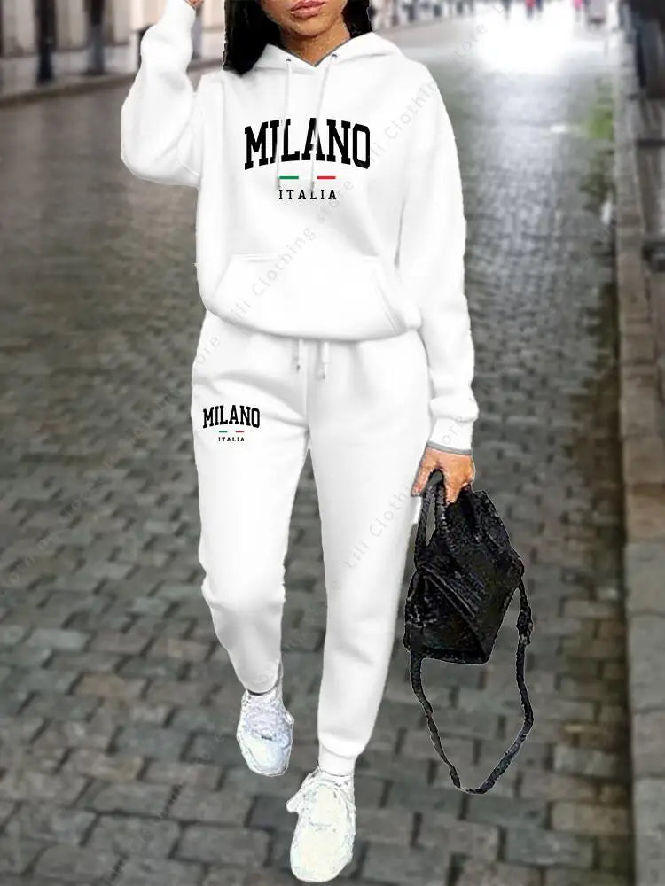 MILANO Pants Sets for Women Clothing High quality Sweatshirt Sweatpant Hoodie Suit 2 Piece Autumn Winter Outfits Woman Tracksuit