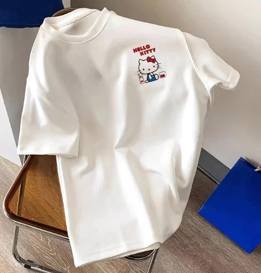 Sanrio 2026 Summer Comic Form Hello Kitty Image 100% Cotton Printed Casual T-shirt Adult Children Parent-child Top Casual Wear.