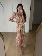 Floral Printed Chiffon V-neck Maxi Dress Ruffle Trim Puff Short Sleeve Waist Belted Slit Robe 2026 Lady Elegant Party Vestidos