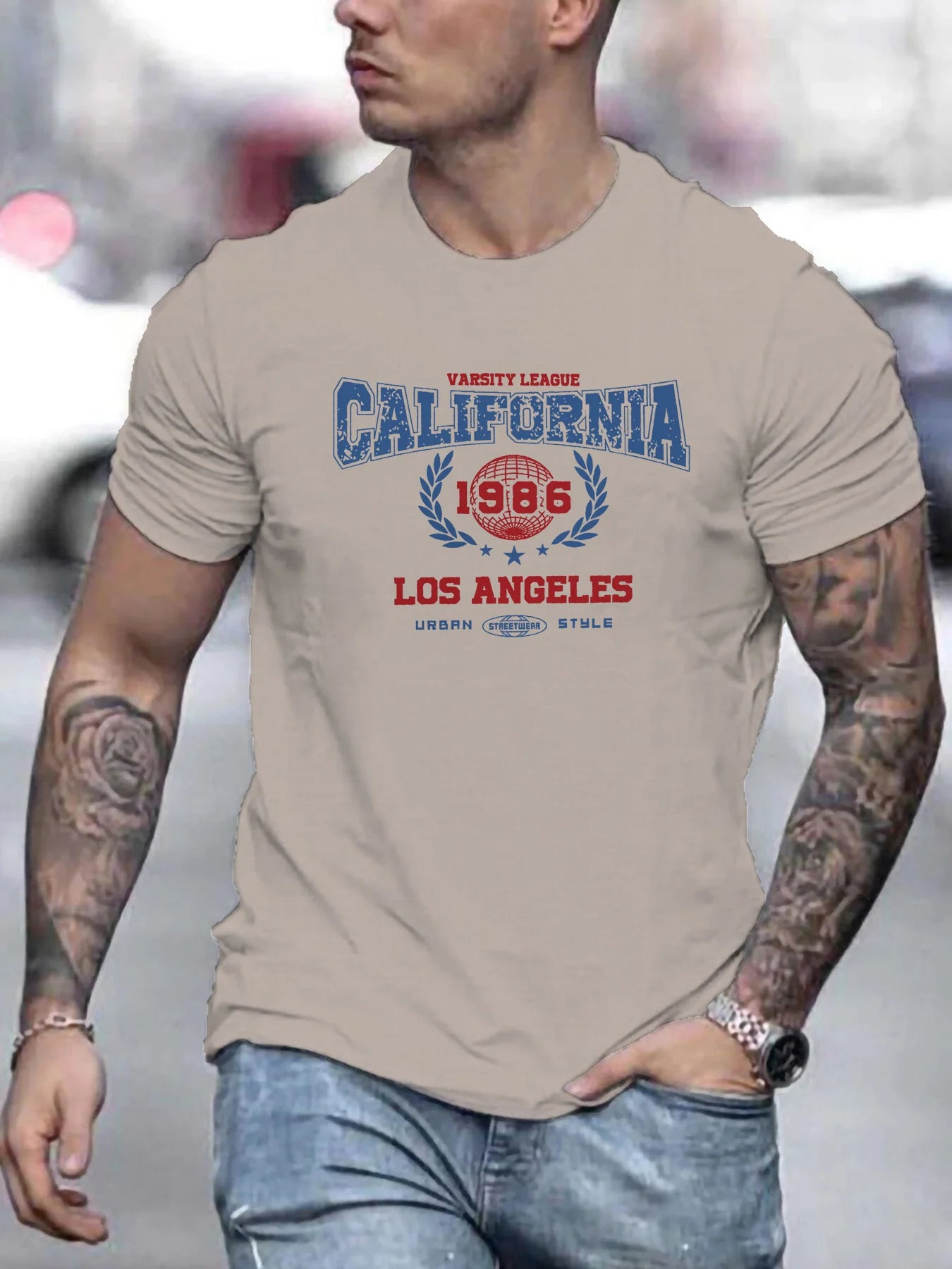 Men's summer 100% pure cotton fashionable casual loose retro California 1985 printed sports round neck short sleeved T-shirt top