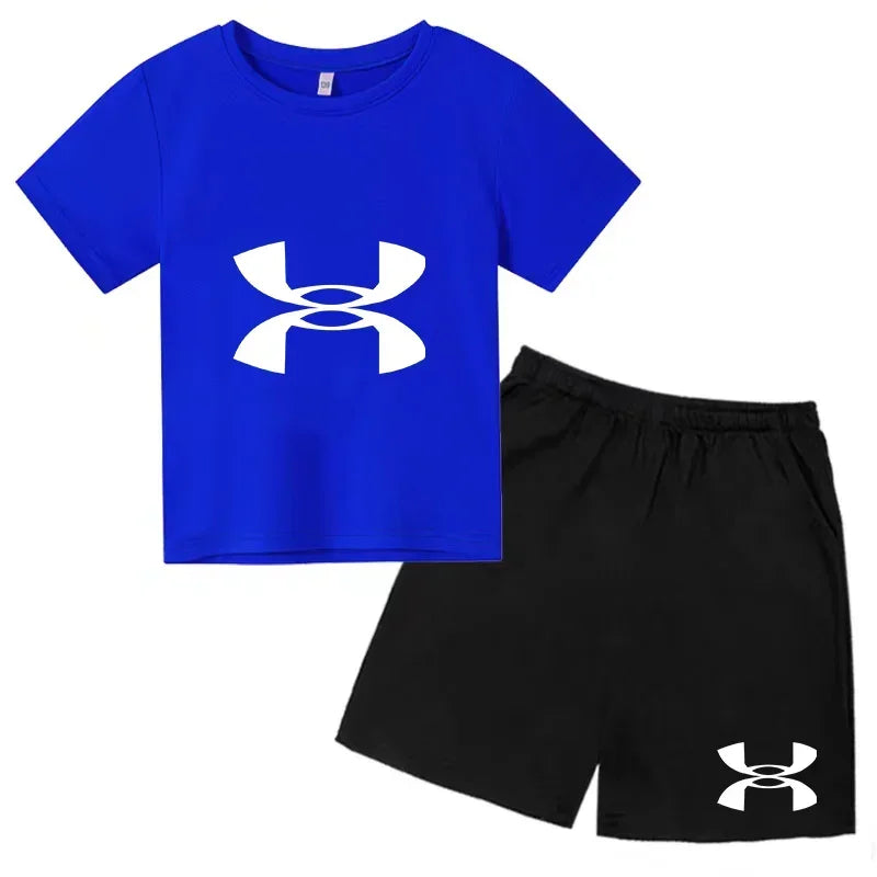 enfants en 2 piècesT-shirt et short de sport à manches courtes pour enfants avec logo imprimé - Ensemble de vêtements de sport