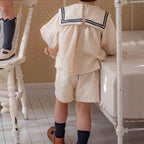 2026 Summer New Children Long Sleeve Clothes Set Boys Girls Bow Sailor Collar Shirts + Shorts 2pcs Suit Kids Cotton Outfits