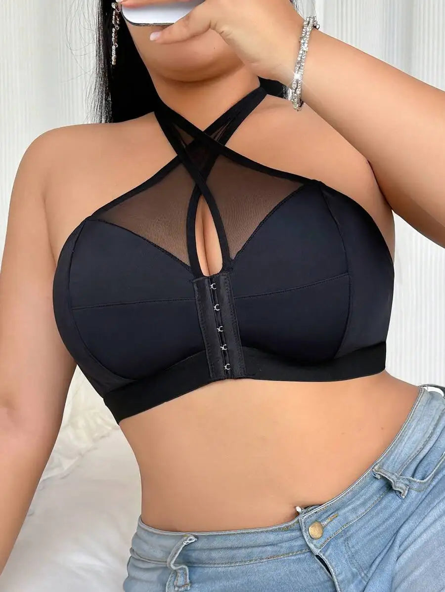 Plus Size Wireless Halter Bra With Mesh Panel And Front Closure