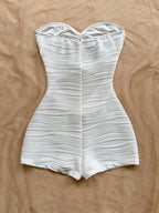 Summer White Bodycon Romper, Strapless with Sun Metal Accents