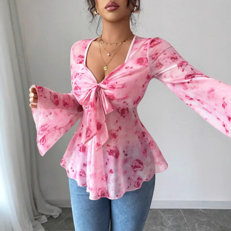 Women's Mesh Red Rose Print V-neck Top Trumpet Sleeves Bow Waist Short Style