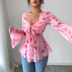 Women's Mesh Red Rose Print V-neck Top Trumpet Sleeves Bow Waist Short Style