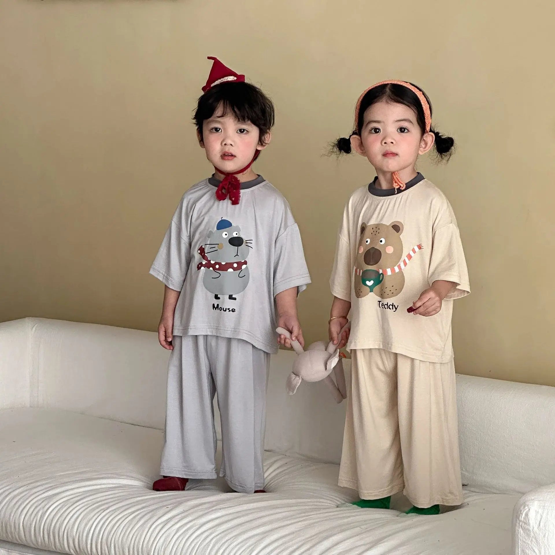 Kids Cute Animal Pajama Set Print Comfortable Sleepwear for Brother Sister 2pcs Summer Children  Cartoon Top Pant Loungewear