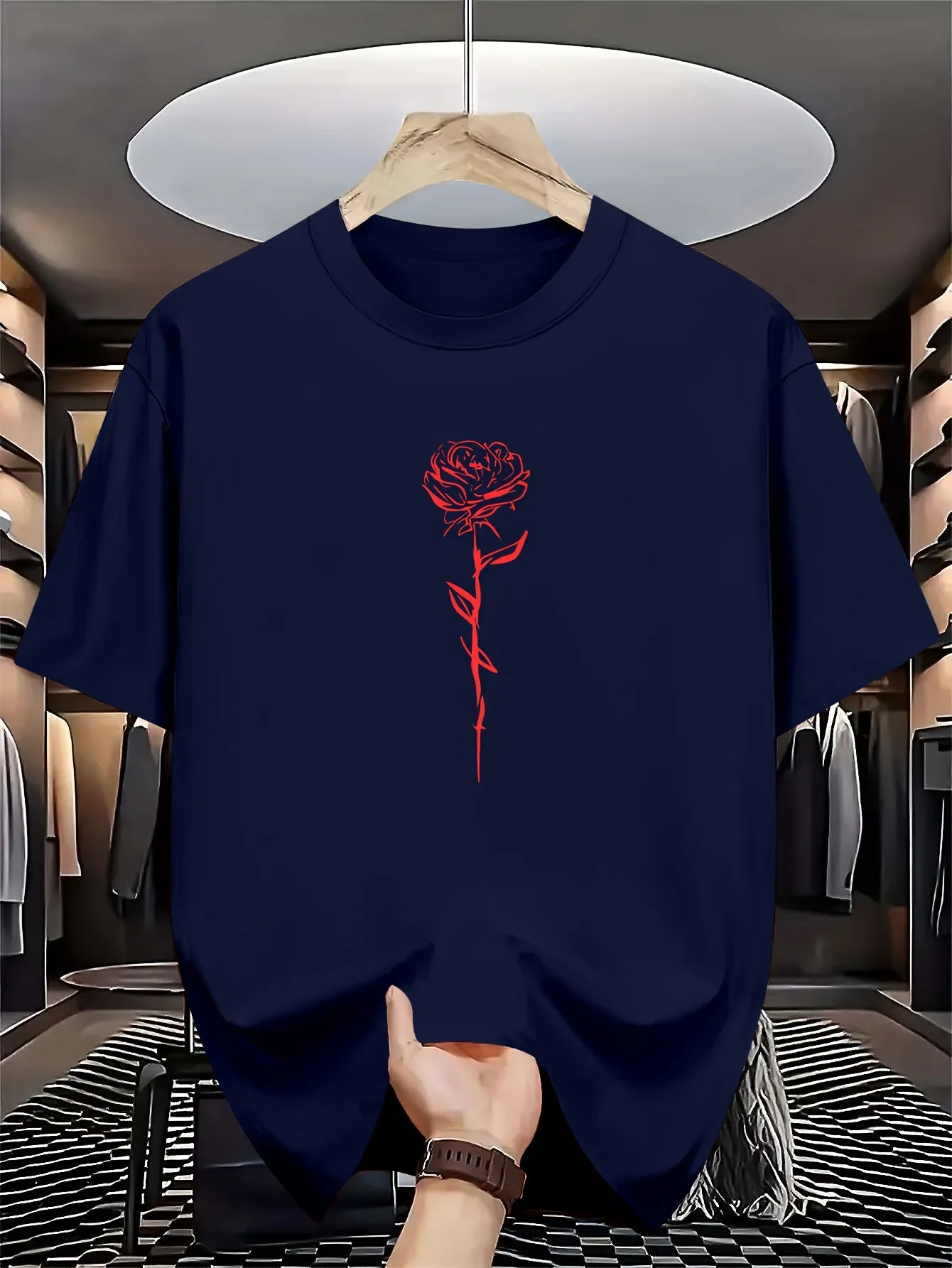 Men's summer 100% pure cotton fashionable casual loose rose pattern printed round neck short sleeved T-shirt top