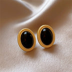 New Retro Gold Color Metal Line Black Oval Shaped Stud Earrings for Women Advanced Design Elegant Young Girls Party Jewelry