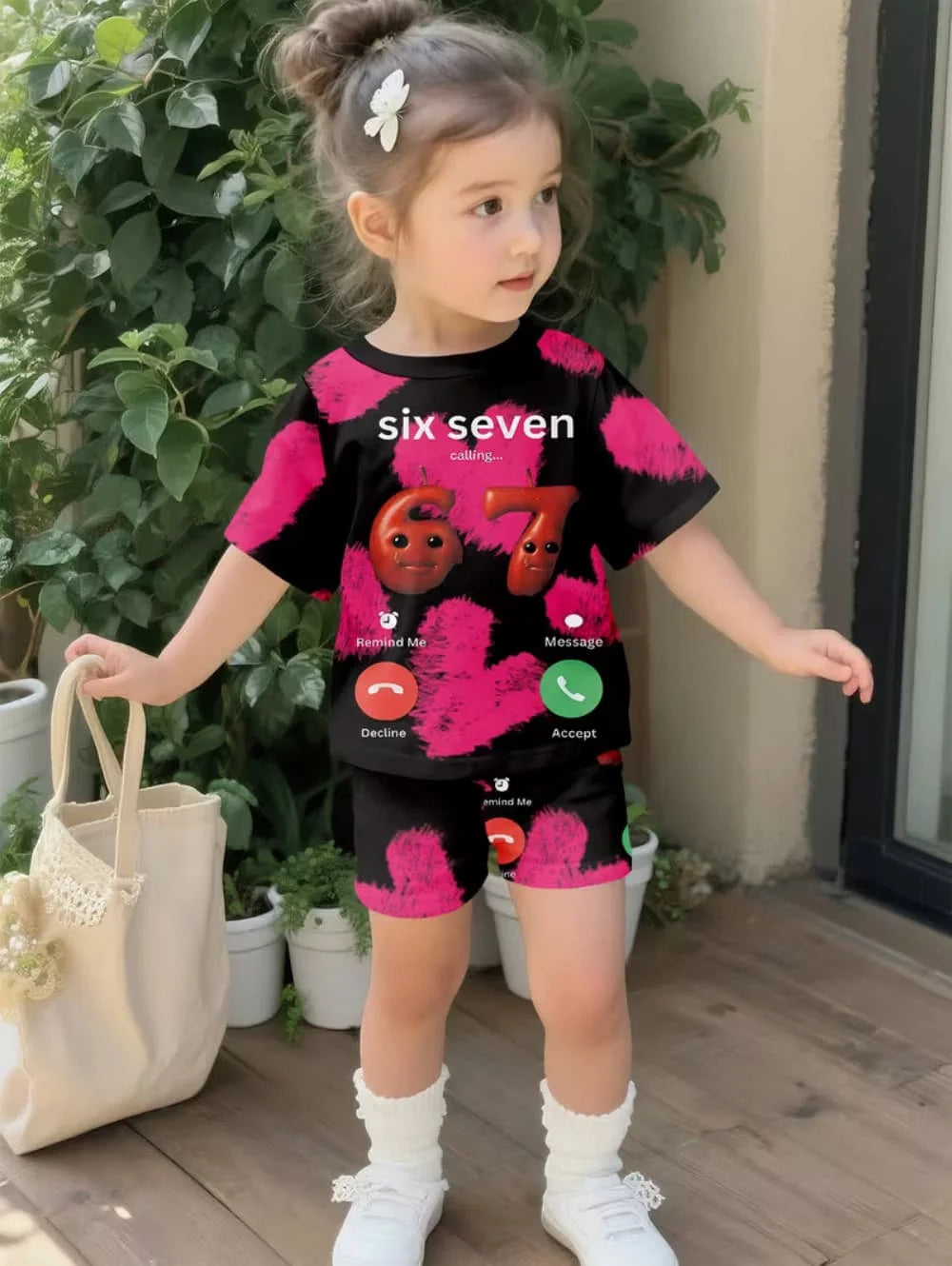Summer Italian Brainrot 67 Six Seven Cartoon Print Sports Children's Set Short Sleeved Shorts 2PCS Set Girls Casual T-Shirt Set