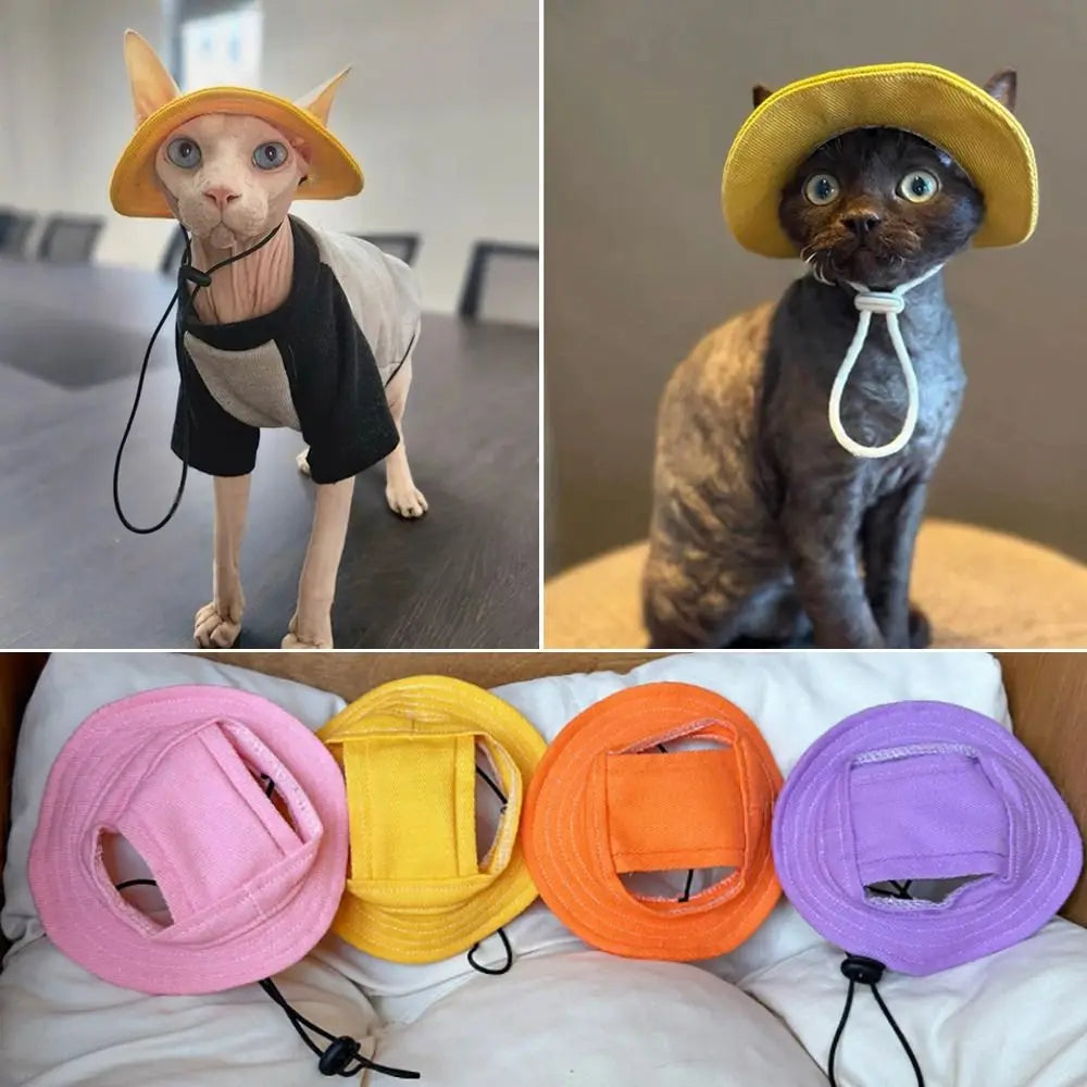 Fashion Cotton Pet Sunshade Cap Solid Color Adjustable Dog Cat Bucket Hat Sun Protection Breathable Pet Sunscreen Tie Hat Travel