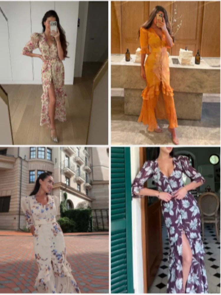 Floral Printed Chiffon V-neck Maxi Dress Ruffle Trim Puff Short Sleeve Waist Belted Slit Robe 2026 Lady Elegant Party Vestidos