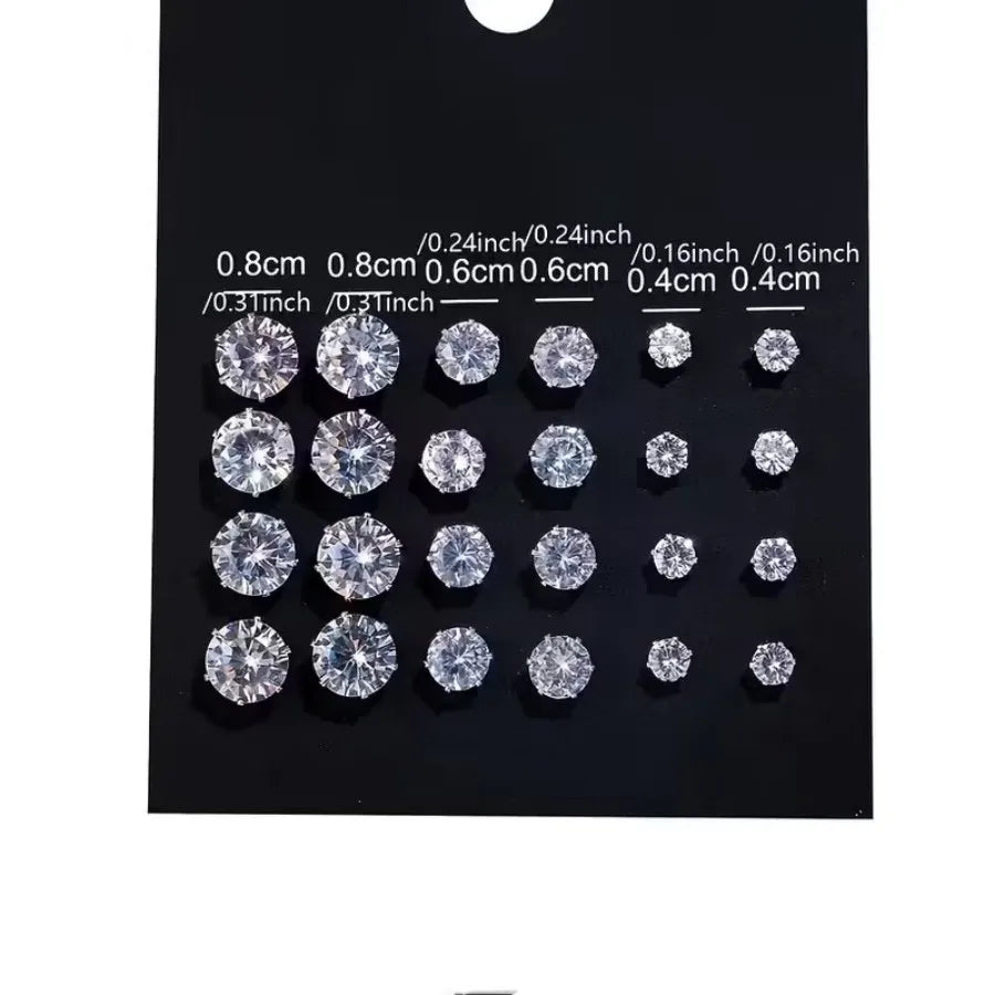 12 Pairs Set Stainless Steel Stud Earrings with Gemstone Buds Round Earrings Unisex Fashion Jewelry Gifts