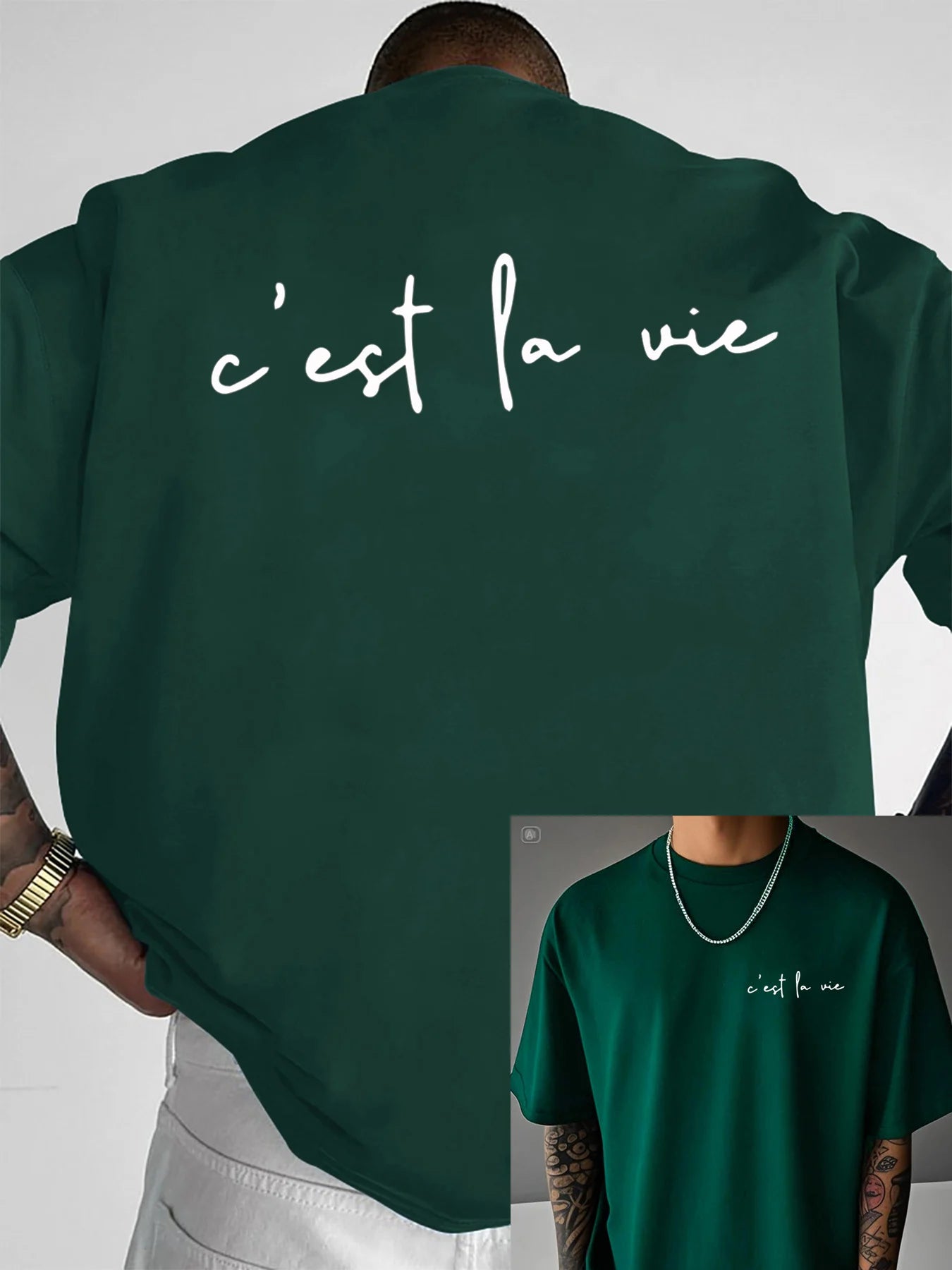 100% pure cotton summer men's fashionable casual loose c'est la vie letter double-sided printed round neck short sleeved T-shirt