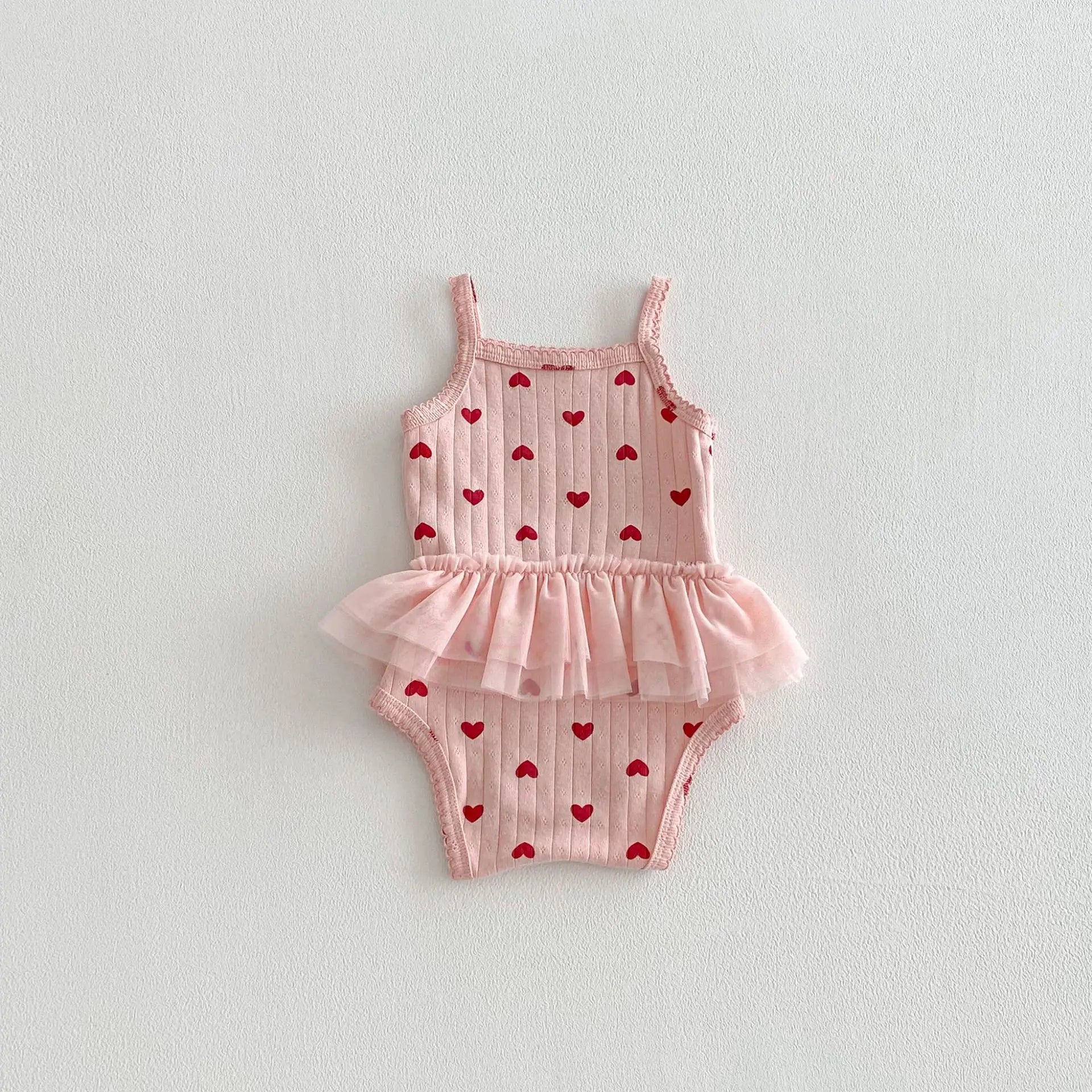 2026 Summer New Baby Sleeveless Sling Bodysuit Cute Infant Girl Heart Print Jumpsuit Cotton Toddler Sling Newborn Clothes 0-24M