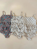 2026 Summer Baby Girls KS Floral Swimwear Sets One Piece Kids Holiday Swimsuits Toddler Girl Swim Bikini Outwear Shorts Cap 1-9Y