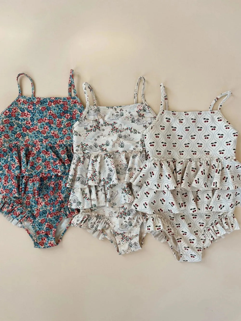 2026 Summer Baby Girls KS Floral Swimwear Sets One Piece Kids Holiday Swimsuits Toddler Girl Swim Bikini Outwear Shorts Cap 1-9Y