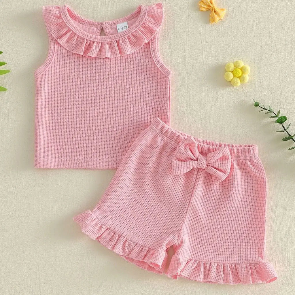 0-3Y Baby Girls Summer Waffle Knit 2Pcs Clothes Set Infant Ruffle Neck Sleeveless Tank Top Pink Shorts Sweet Pink Outfits