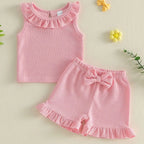 0-3Y Baby Girls Summer Waffle Knit 2Pcs Clothes Set Infant Ruffle Neck Sleeveless Tank Top Pink Shorts Sweet Pink Outfits